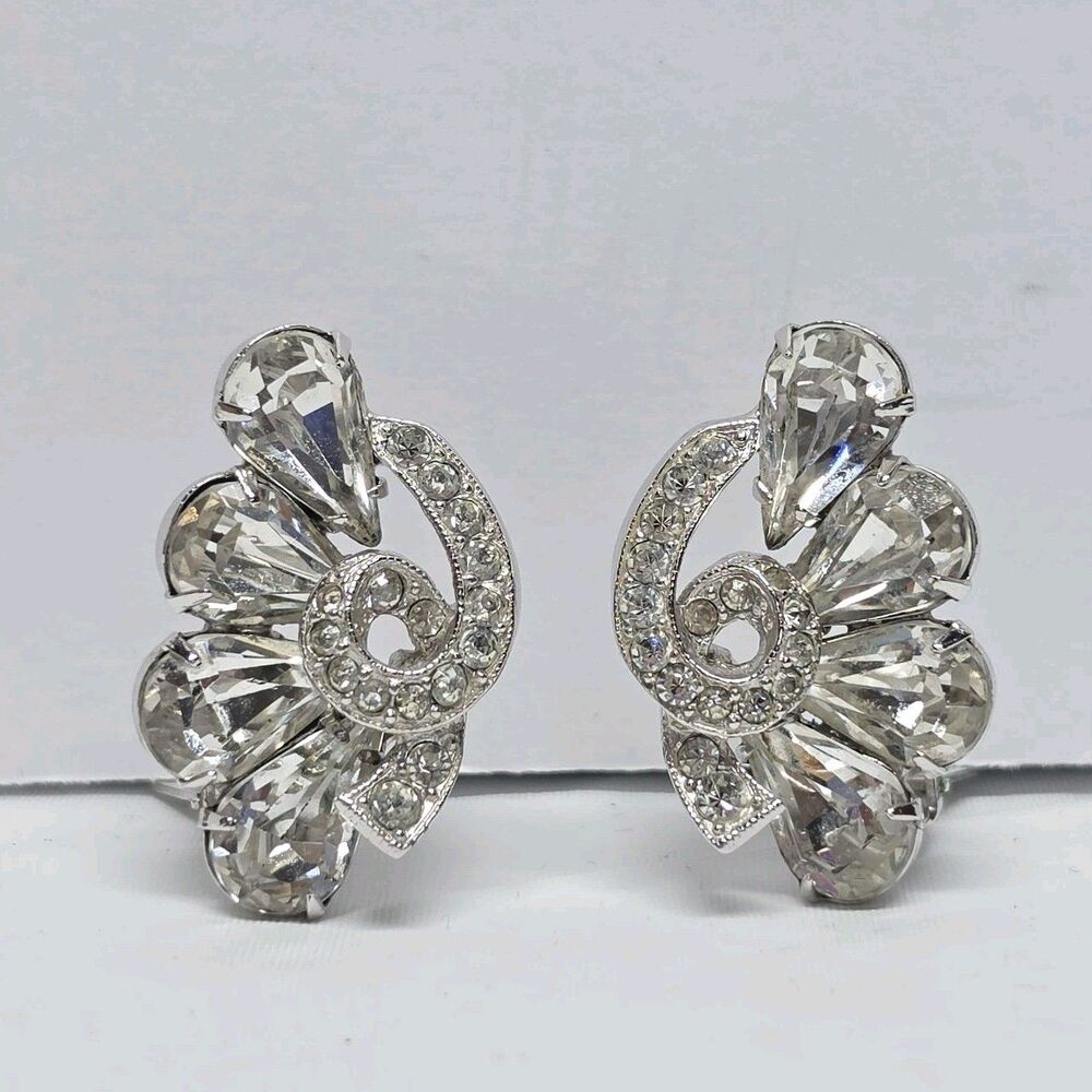 Eisenberg Ice Vintage Rhinestone Crystal Signed Clip On Earrings #2059 Evening